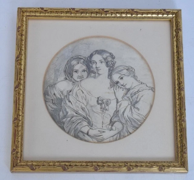 ANTIQUE VICTORIAN Ink Drawing 3 Ladies 1800's 19th