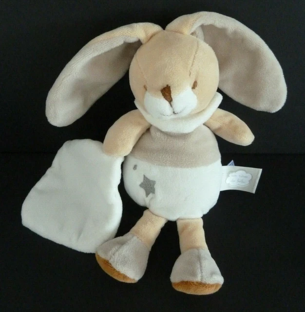 Y5- DOUDOU CMP LAPIN avec MOUCHOIR BLANC BEIGE MARRON ETOILE ARGENT 20cm  TTBE !