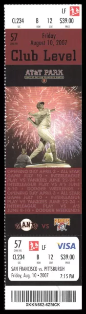 San Francisco Giants Ticket August 10, 2007 vs Pitt Pirates Barry Bonds Home Run