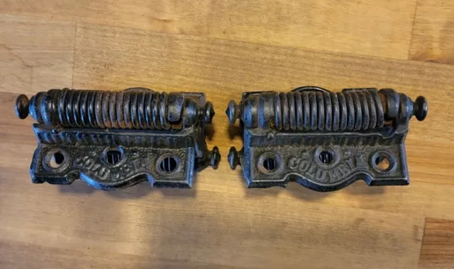 Pair Antique Ornate Cast Iron Double Swinging Screen Door Spring Hinges Columbia