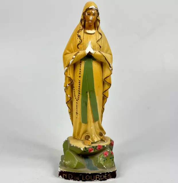 Vintage French Religious Hand Painted Chalkware Statue Mary Our Lady Of Lourdes