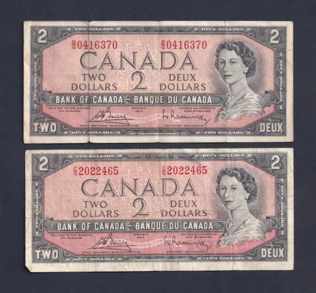 Canada 1954 $2 Two Dollar Banknote Lot Of Two Bouey-Raminsky #1