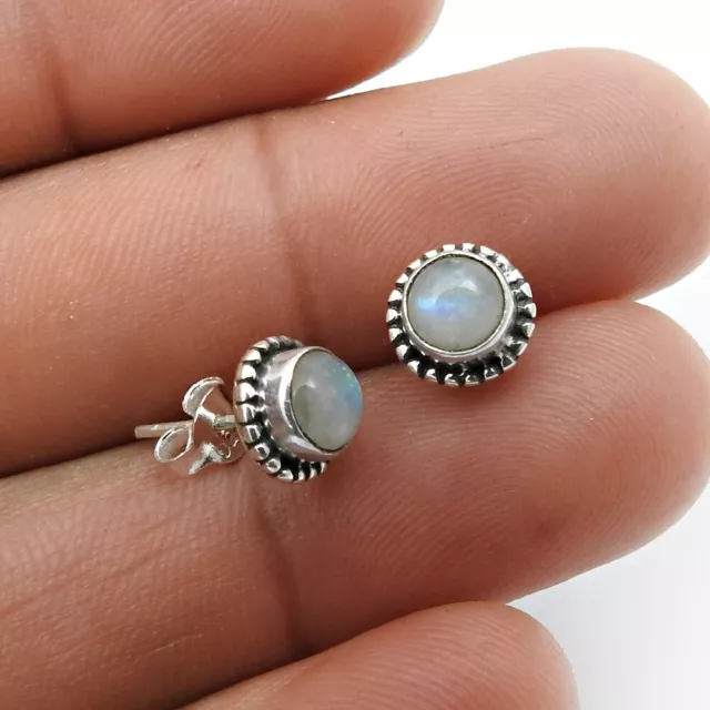 Natural Rainbow Moonstone Gemstone Stud Earrings 925 Sterling Silver Jewelry J12