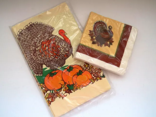 1980s PAPER Thanksgiving Party Supplies Tablecloth and Napkins Turkeys Pumpkins