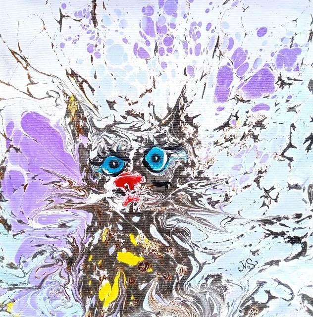 Pintura original Gato negro Arte de pared abstracto Mascota con ojo verde...
