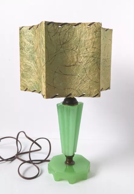 Vintage Art Deco Jadeite /Jadite Glass Halebro Boudoir Table Lamp w Shade WORKS!