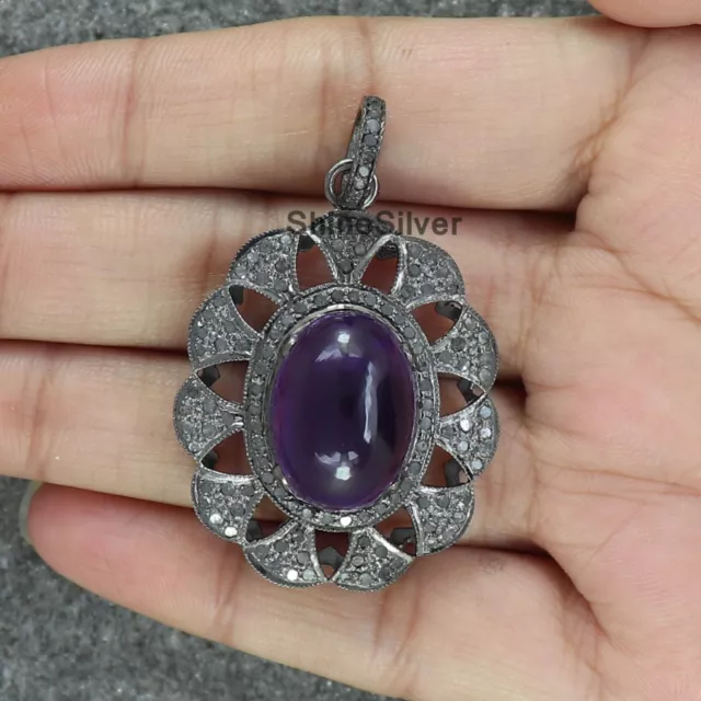 Natural  Pave Diamond Amethyst Sterling Silver Handmade Pendant Jewelry