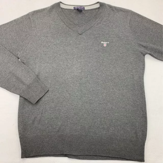 GANT MENS PULLOVER Sweater Gray Heathered V Neck 100% Cotton Long ...