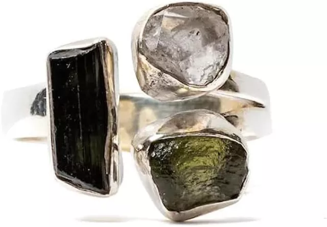 925Silver Ring Moldavite Black Tourmaline Herkimer Diamond Ring Natural Gemstone