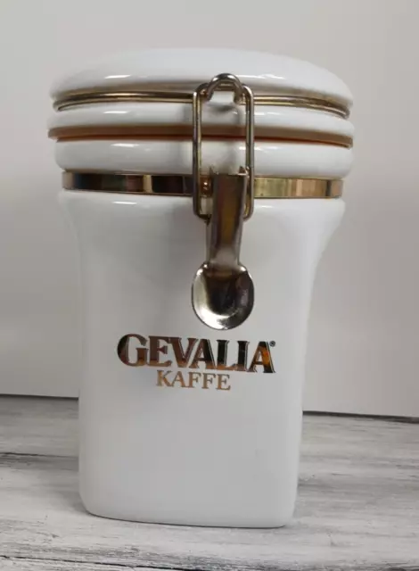 Gevalia Kaffe Canister Storage Jar White Ceramic Gold Toned Coffee Holder