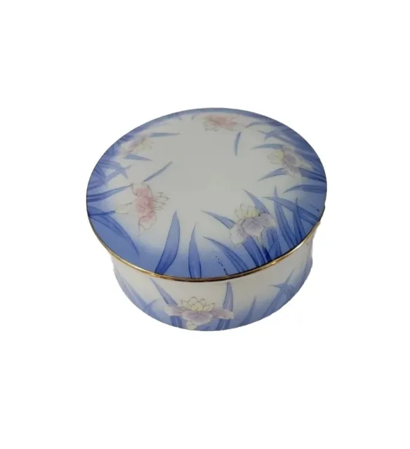 Vintage Otagiri Trinket Box Porcelain Iris Flower Blue White Japan