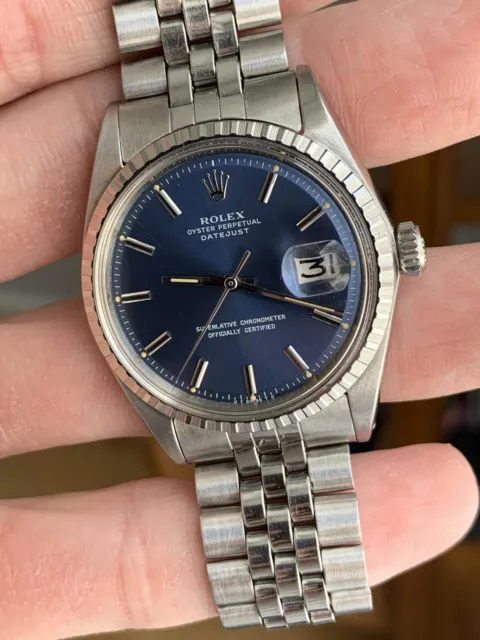 Rare Vintage Rolex 1970 Datejust 1603 36mm Watch SS Jubilee Bracelet Blue Sigma