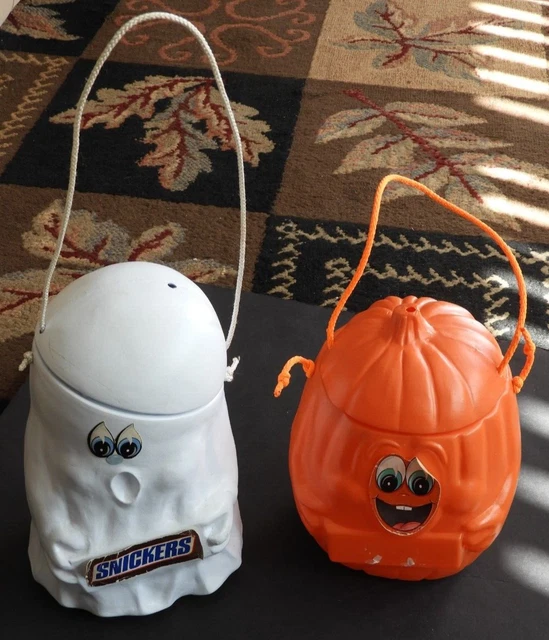 2 Vintage Mars Halloween Blow Mold Plastic Candy Containers Pumpkin Ghost 1990