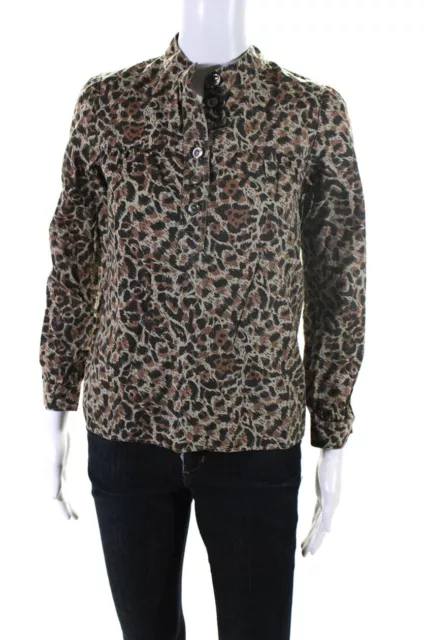 APC Womens Leopard Print Buttoned High Neck Long Sleeved Top Brown Gray Size 34