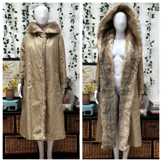 Vintage 70s Faux Fur Trench Coat Hooded Boho Hippy Brown Khaki Pockets Smug S/M