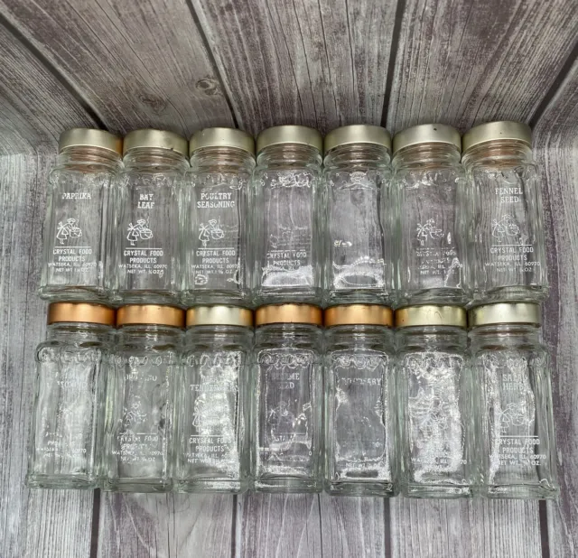 Crystal Food Products 14 Clear Vintage Glass Spice Jars