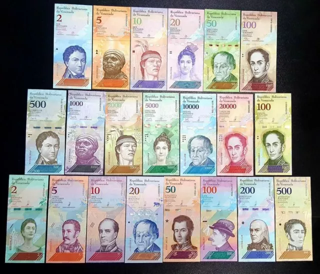 Venezuela Set 21 Unc 2 - 100,000 Bolivares 2 - 500 Soberanos 2007 - 2018 P New