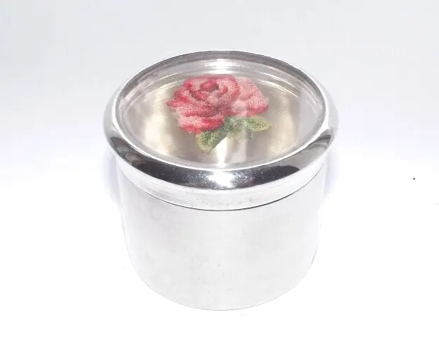 VINTAGE INDIAN? SOLID SILVER JAR, SILVER BOX, GLASS LID PETIT POINT FLOWER c1970