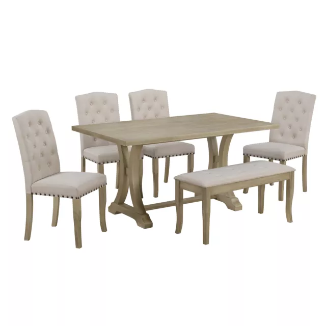 6PCS Kitchen Table Set Wooden Rectangular Table +4 Upholstered Chairs+Bench NEW