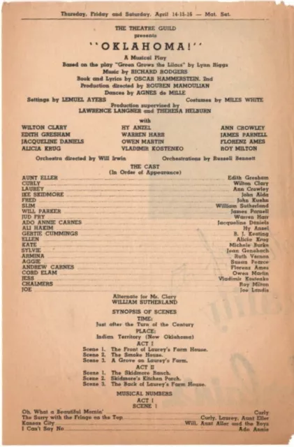 Rodgers and Hammerstein "OKLAHOMA!" Agnes de Mille 1949 New Haven Playbill