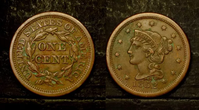 1852  Large Cent Braided Hair One Cent 1c .  USA , XF