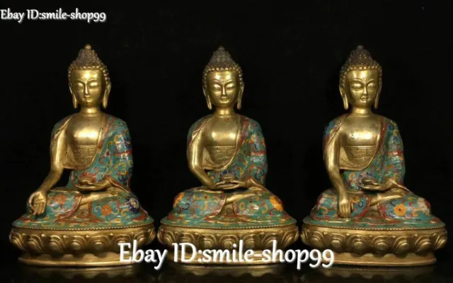Cloisonne Enamel Gilt Lotus Shakyamuni Amitabha Tathagata Buddha Statue Set
