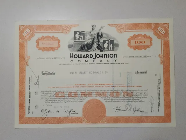 Howard Johnson Cancelled Stock Certificate