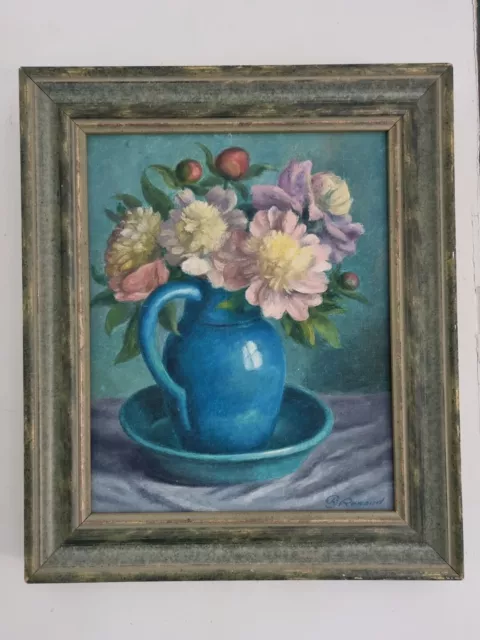 peinture ancienne huile sur toile Fleurs Signé Charles Jean Renaud Painting Oil 3