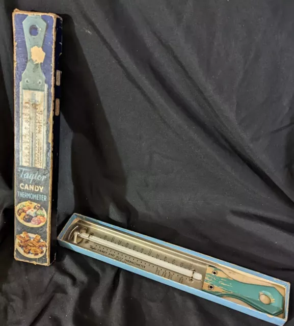 Vintage Taylor Candy Thermometer In Box Teal Handle Stainless JD