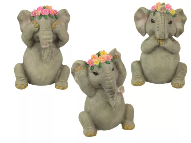 3pce Elephants Set See, Hear, Speak No Evil Ornaments Grey & Pink Floral Design