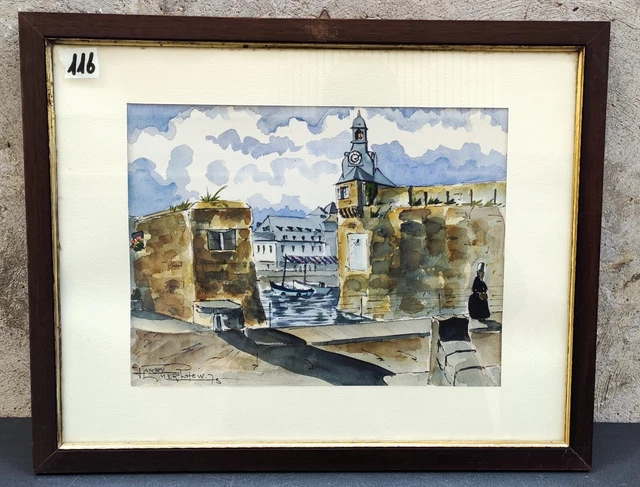 Acquerello Quadro Porto Con Barche E Campanile Firmato 1975 Dipinto Originale