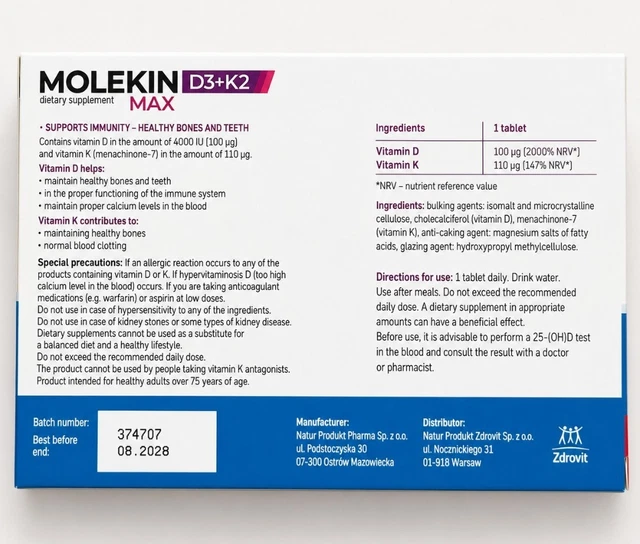 MOLEKIN D3+K2 30 + 15 tabl gratis £10.99 - PicClick UK