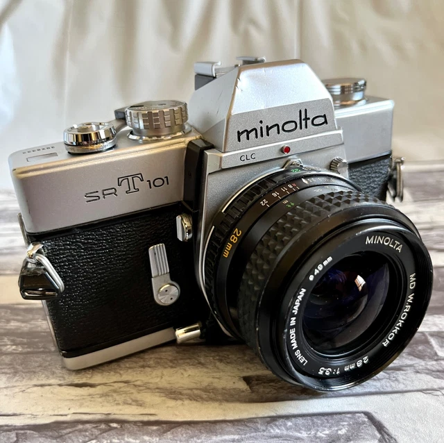 MINOLTA SRT 101 SLR Film Camera w/ MD W.ROKKOR 28mm 1:3.5 Lens Working!