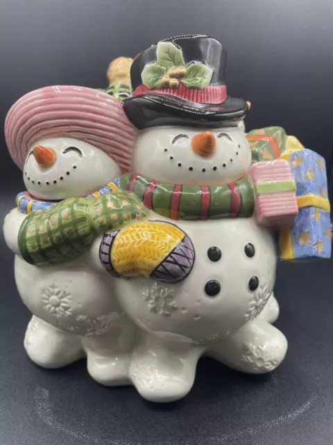 Fitz & Floyd Frosty Folks Snowman Family Winter 1996 Cookie Jar China 7.75" Tall