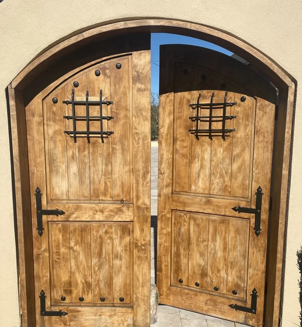 Rustic reclaimed lumber arched gate solid wood story book castle winery hardware