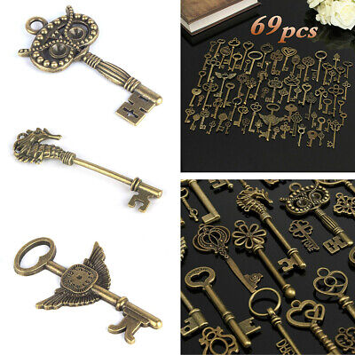 69Pcs/Set Antique Vintage VTG Old Look Skeleton Keys Bronze Fancy Pendant Decor