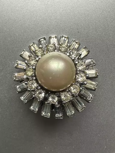 Magnificent French Vintage Creator Brooch -White baguette Crystals,Pearl -1 1/8"