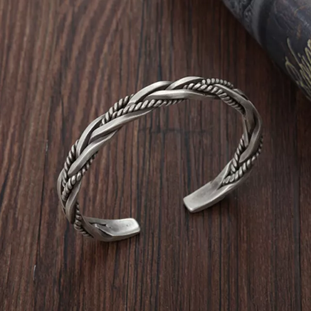 925 Sterling Silver Thai Handmade Men Vintage Open Bangle Twisted Cuff Bracelet 2