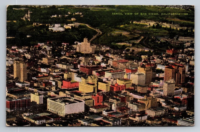 San Diego CA California Aerial View of City Linen Postcard Posted 1944