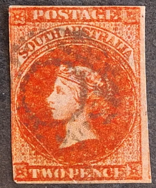 1856 South Australia 2d Red Imperf 1st Sideface stamp WMK large Star Used