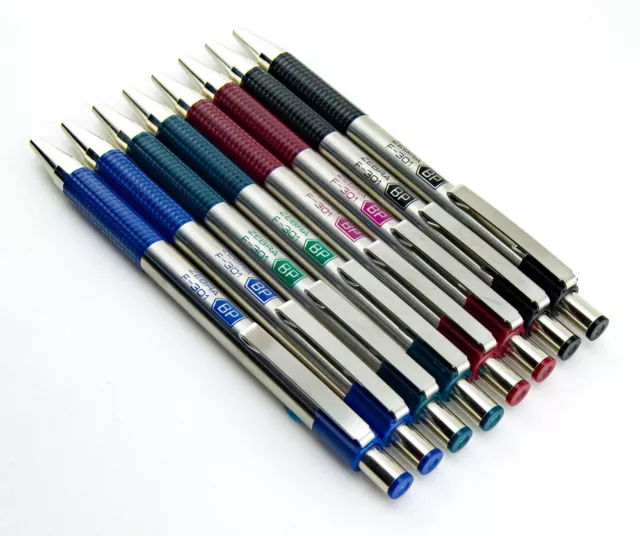 Zebra Ballpoint Pens F301 8pc Lot Fine Pt Black Red Blue Green Stainless Steel 3