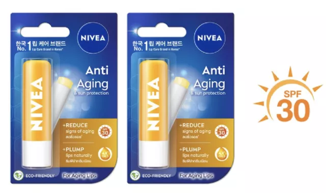2 x Nivea Lip Ultra Care Anti Aging and Sun protection SPF30 UVA UVB 4.8g.