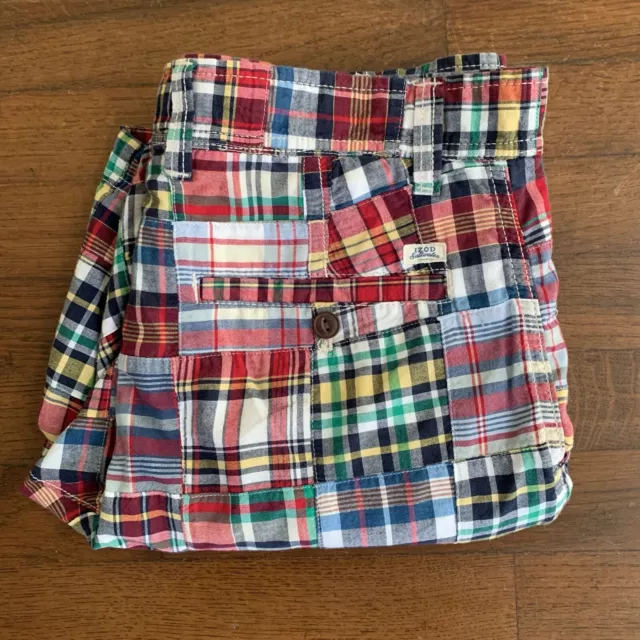 IZOD Saltwater Madras Multicolor Patchwork Flat Front Chino Mens Shorts Size 32
