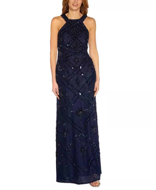 ADRIANNA PAPELL Lace Gown Size 12 Navy Blue Halter Beaded Tie Neck NWT $349