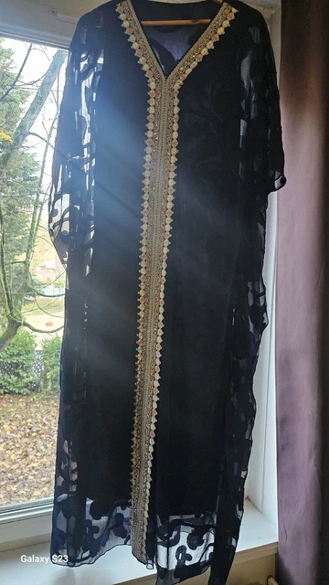 Caftan Marocain Chic Brodé Et Perlé - Taille XL, Couleurs Orange Et Vert Royal - Fait Main En Crêpe De Soie