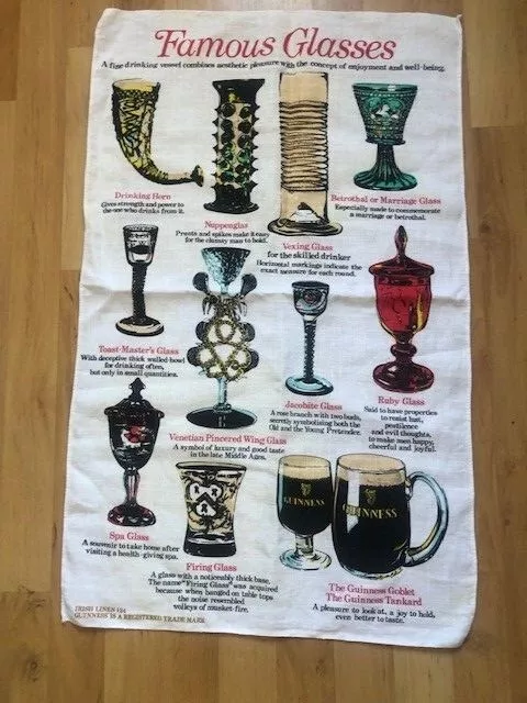 'Guinness' " Famous Glasses " Souvenir Tea Towel-Pictures of  drinking glasses