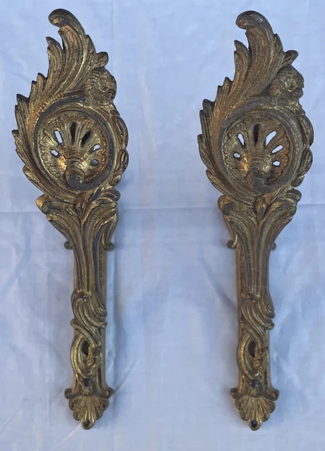 Antique French Victorian Gilded Brass Fancy Rococo Curtain Rod Holders 10 1/4”