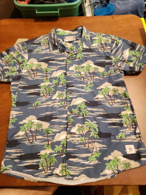 Bellfield Mens LARGE S/S Hawaiian Palm Tree Patten Button Down Shirt EUC. GB2