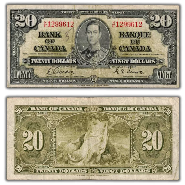 $20 1937 Bank of Canada Note Gordon-Towers H/E Changeover Prefix BC-25b - Writin