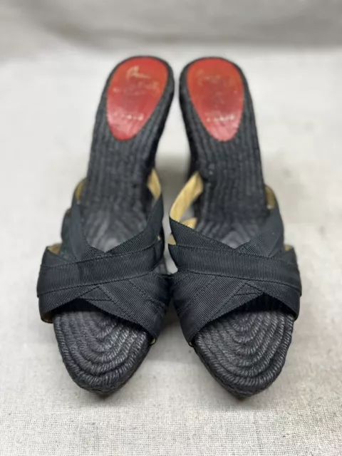 Louboutin Cataribbon Espadrille Womens 8 Wedges Sandals Criss-Cross Black Shoe